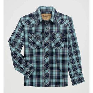 Wrangler Retro Boy's XS Long Sleeve Plaid Snap Western Shirt Turquoise/Black